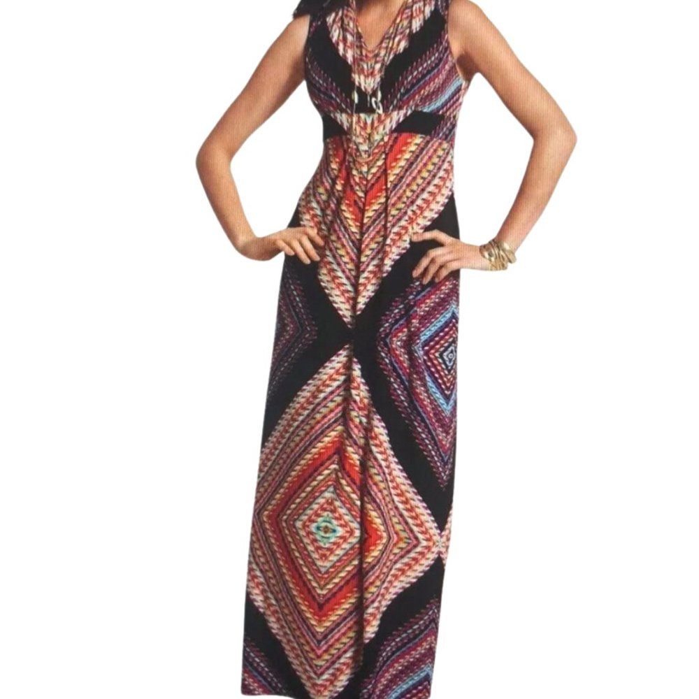 Chico's Diamond Print Jasmina Maxi Dress Empire Waist Sleeveless Size 3 XL NWOT
